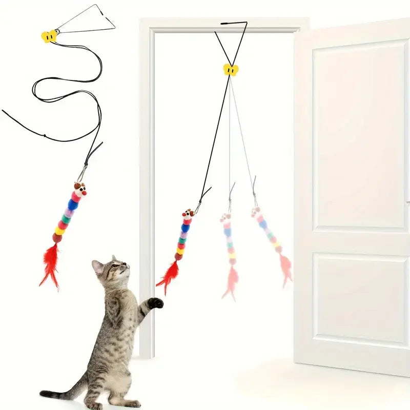 Juguete Interactivo Colgante para Gatos – Cuerda Ajustable con Gusanos de Peluche para Puerta